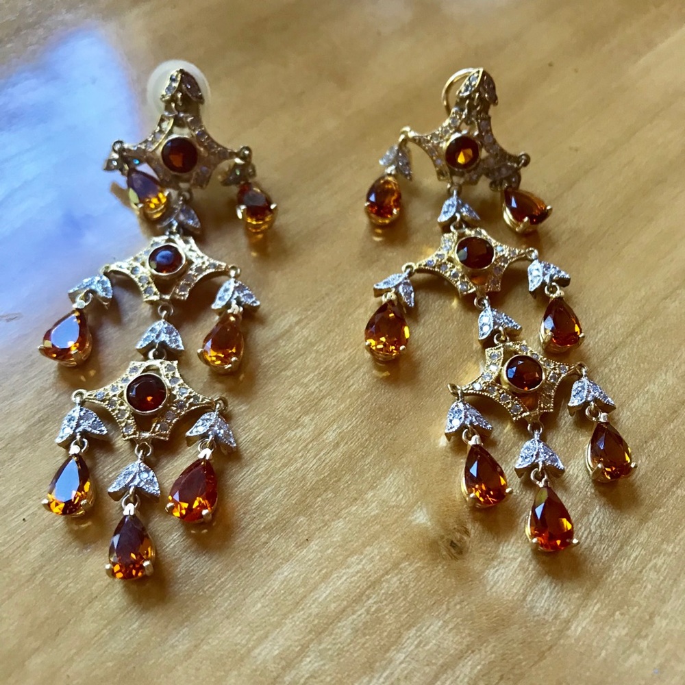 Chandelier Madeira Citrine & diamond 14K earrings.